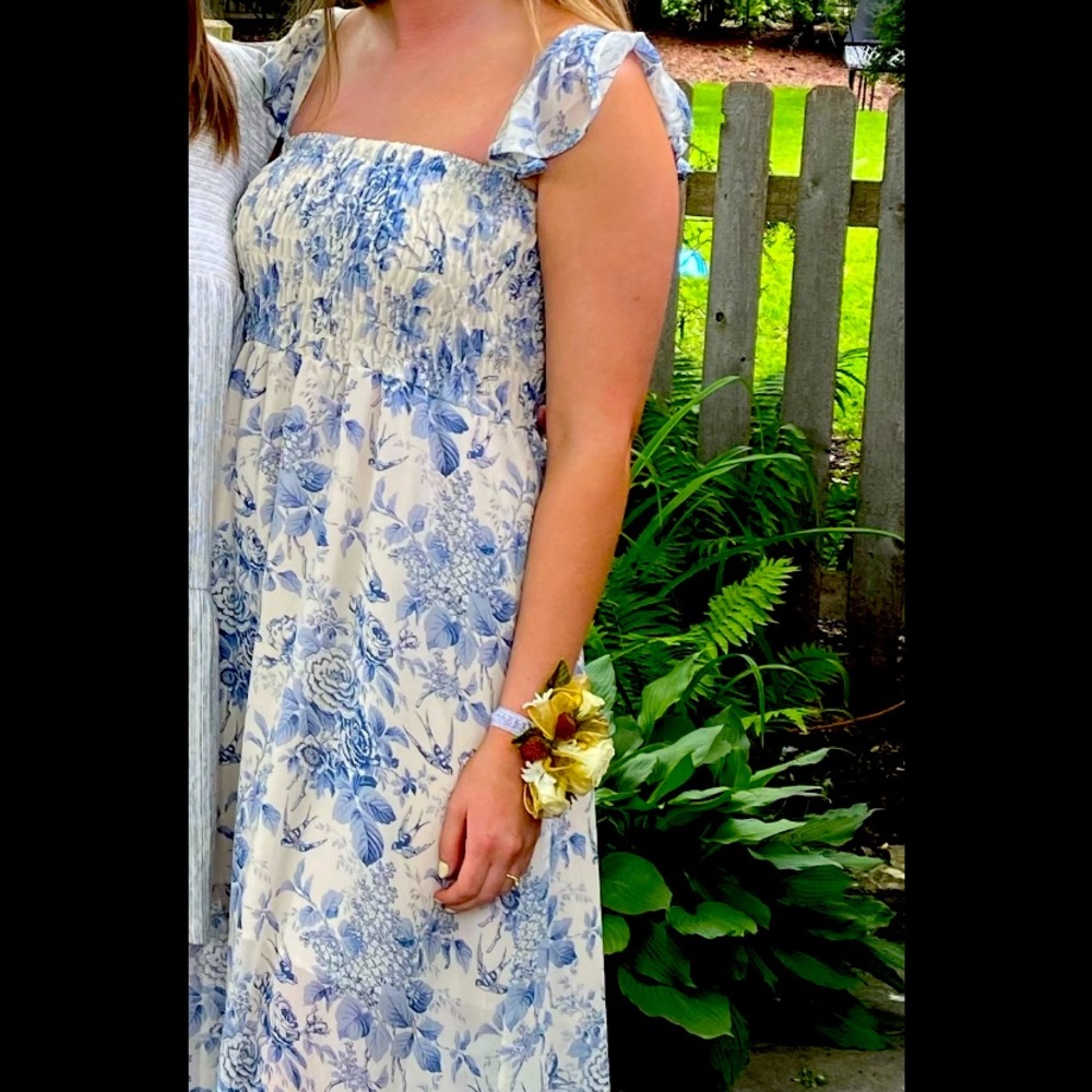 MIDI length blue and white dress